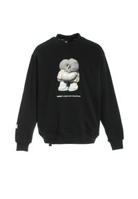 Sudadera negra con cuello redondo y mangas largas, que presenta una impresión gráfica de una figura abrazando sus rodillas. Tela suave, corte relajado.