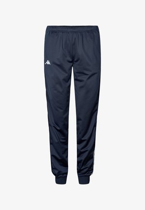 Tengerészkék sportnadrág, elasztikus derekkal, lefűzött bokákkal és fehér Kappa logóval a bal felső lábszáron.