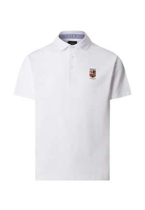 Bílá krátká polokošile s límečkem, třemi knoflíky a malým vyšitým znakem Hackett London Rowing Club na levé straně hrudi.