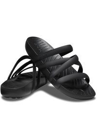Black Crocs slide sandals with multiple cross straps, made of soft material, featuring a textured footbed and a low, flat sole.