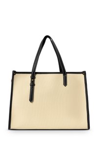 Beige canvas schoudertas met zwart leren afwerking en handvatten. Bevat metalen accenten en contrasterende stiksels langs de randen. Rechthoekige vorm.