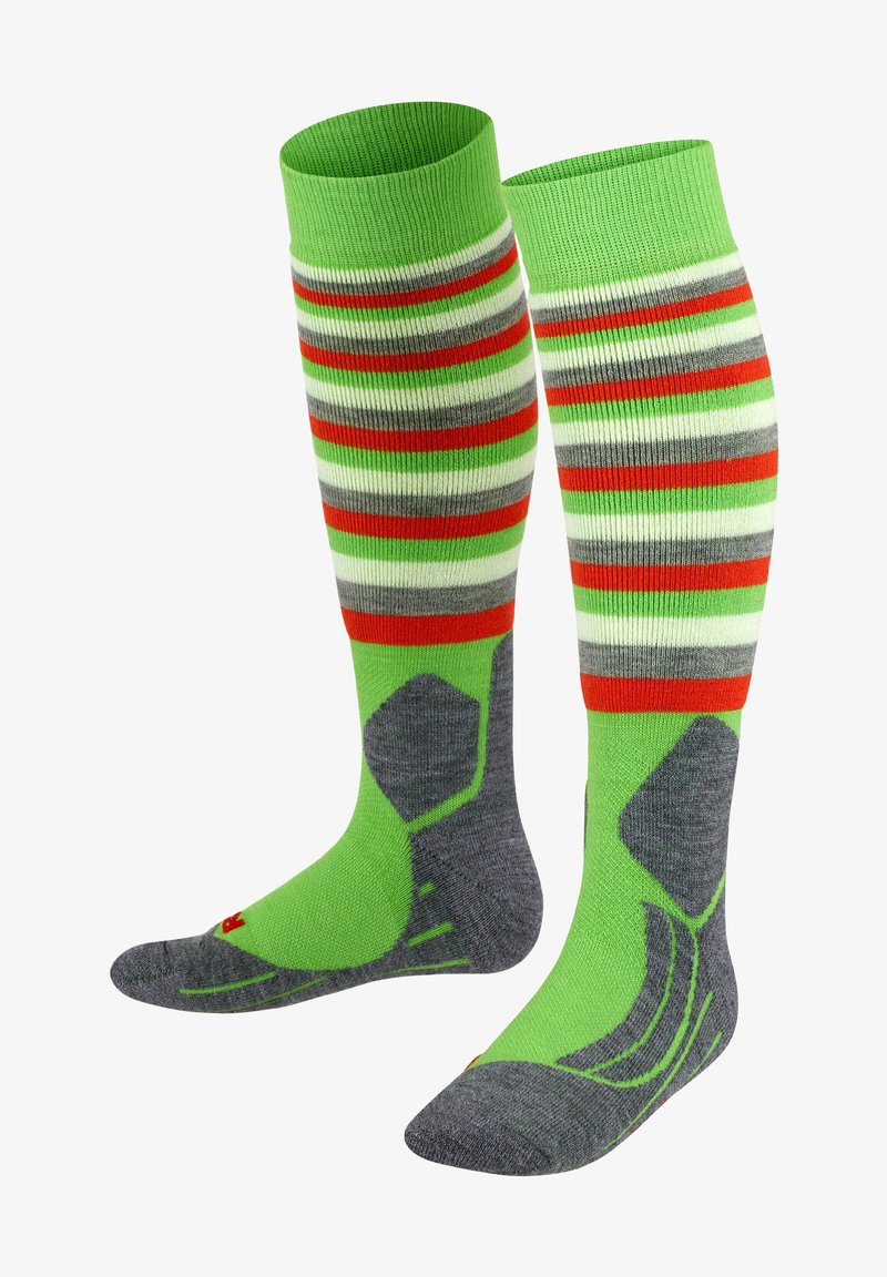 Knä-höga gröna strumpor med röda, grå och vita ränder; grå häl och tå; ribbad textur; förstärkta detaljer för stöd.