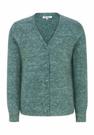 Grøn strikket cardigan med lange ærmer, V-hals og fem knapper foran, vist på en hvid baggrund.