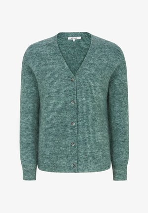 Grøn strikket cardigan med lange ærmer, V-hals og fem knapper foran, vist på en hvid baggrund.