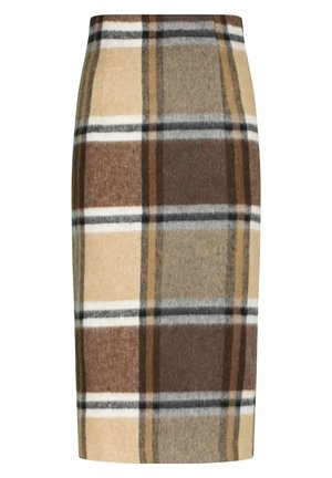 Pencil skirt van een wolmix met een ruitpatroon in beige, bruin en grijs met witte lijnen. Recht gesneden en van gemiddelde lengte.