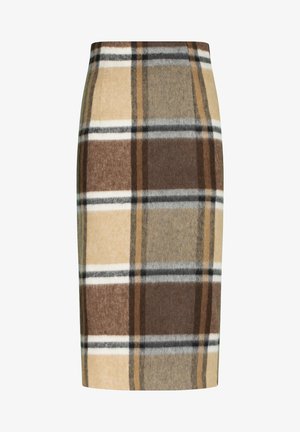 Villane segu rõivaskoe, millel on beež, pruun ja hall ruuduline muster valgete joontega. Üksik lõige ja keskpaigani ulatuv disain.