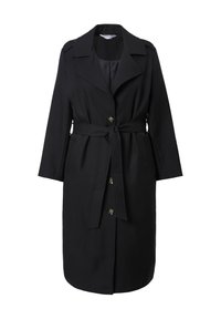 Trench noir en tissu lisse, avec une taille ceinturée, un col cranté, des manches longues et des boutons sur le devant.