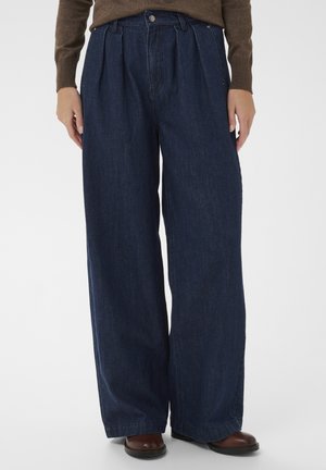 Weit geschnittene, dunkelblaue Jeans mit hoher Taille und vorderen Falten. Verfügt über einen Knopfverschluss und Taschen, gefertigt aus robustem Stoff.