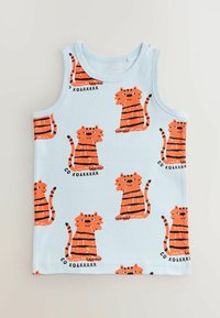 Lysblå tanktop med legende orange tigre med sorte striber og accenter, trykt med teksten "GO ROARRRRR". Blødt, strækbart stof.