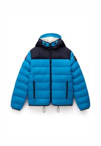 Giacca invernale imbottita blu e nera con cappuccio, chiusura frontale con zip, tasche laterali con zip e cordini regolabili all'orlo e al cappuccio.