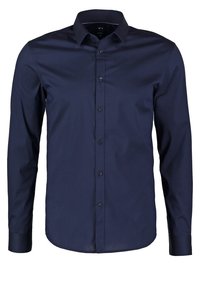 Marinblå långärmad skjorta med knapp-koll, slät textur, frambuttoner och en skräddarsydd passform. Minimalistisk design utan mönster.