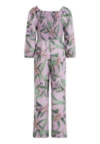Langärmeliger Jumpsuit in Flieder mit gerafftem Oberteil. Hat einen floralen Druck mit grünen Blättern und beigen Blumen; weit geschnittene Beine.