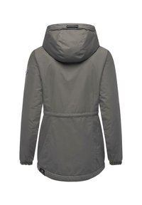 Gray insulated jacket with a hood, featuring an elastic waistband, elastic cuffs, and a small logo on the left sleeve. Smooth texture.