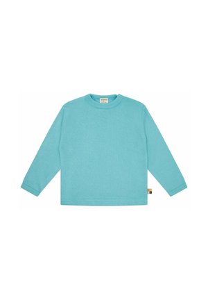 Hellblaues Langarmshirt mit Rundhalsausschnitt, geradem Saum und kleinem Stoffetikett an der rechten Seitennaht.