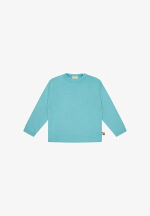Lichtblauw shirt met lange mouwen en ronde hals, rechte zoom en een klein stoffen label in de rechter zijnnaad.