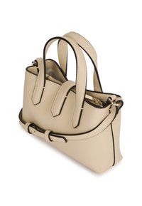 Beżowa skórzana torebka z czarnymi akcentami, dwoma krótkimi uchwytami i odpinanym paskiem. Posiada zamek błyskawiczny i usztywnioną konstrukcję.