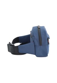Marsupio blu navy con cerniere nere, forma rettangolare, cintura regolabile e più scomparti per una conservazione organizzata.