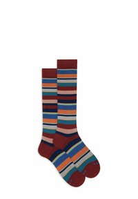 Calzini a righe con una combinazione di tonalità rosse, blu, verdi e beige. Realizzati in materiale morbido con un design comodo che arriva a metà polpaccio.