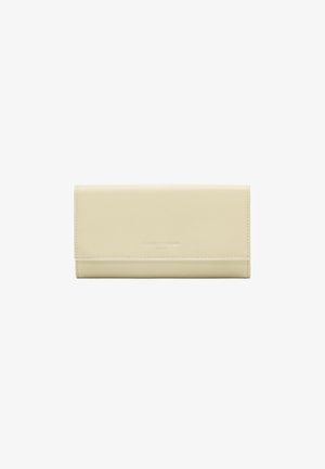 Beige leather wallet with a rectangular shape, featuring a smooth texture and embossed logo on the front. Folded design, minimal hardware.