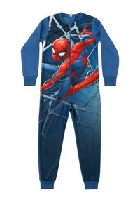 Tuta in pile blu con una grande grafica di Spider-Man sul davanti, zip frontale e polsi e caviglie elasticizzati.
