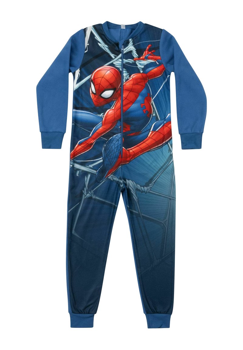 Tuta in pile blu con una grande grafica di Spider-Man sul davanti, zip frontale e polsi e caviglie elasticizzati.