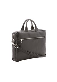 Borsa per laptop nera in pelle con manici doppi, tracolla rimovibile, tasca frontale con zip, texture liscia e forma rettangolare.