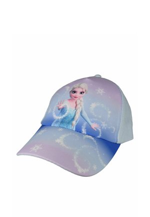 Kinder-Baseballkappe mit einer Figur mit langem blondem Zopf und wirbelnden Schneeflocken auf lila-blauem Hintergrund.