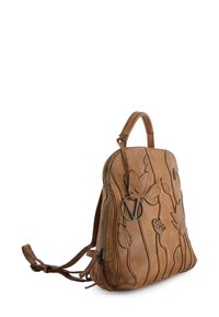 Brown leather backpack with embossed floral design, zip closure, and a detachable handle. Features adjustable shoulder straps and metal accents.