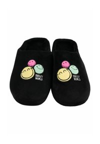 Pantofole di velluto nero con una texture accogliente, caratterizzate da faccine sorridenti colorate ricamate e il logo "Smiley World" sul davanti.