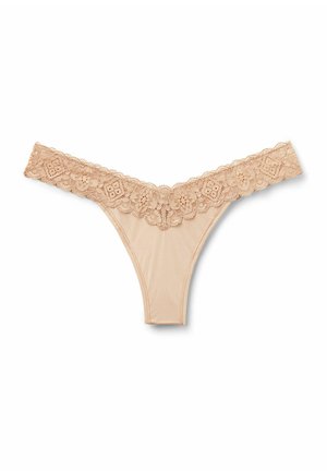 Nackter Tanga mit einem waistband aus floraler Spitze, der kunstvolle Stickereien und einen glatten Stoffkörper aufweist. Leicht und zart gestaltet.