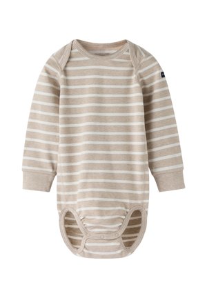 Babybody met lange mouwen in beige en wit gestreept, met drukknoopsluiting onderaan en geribbelde boordjes aan de mouwen.