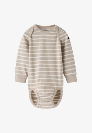 Langærmet beige og hvid stribet baby-body med trykknapper i bunden og ribbet kant ved ærmerne.