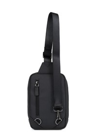 Borsa a tracolla in nylon nero con una texture liscia, tasca con zip diagonale, tracolla regolabile e dettagli in metallo.