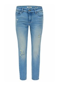 Vaqueros de denim azul claro con corte ajustado, que presentan áreas desgastadas en los muslos, diseño de cinco bolsillos y cierre de botón en la cintura.