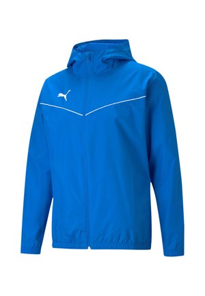 Lichte blauwe jas met een capuchon, voorzien van witte accenten en een rits aan de voorkant. Gemaakt van glad, weerbestendig materiaal.