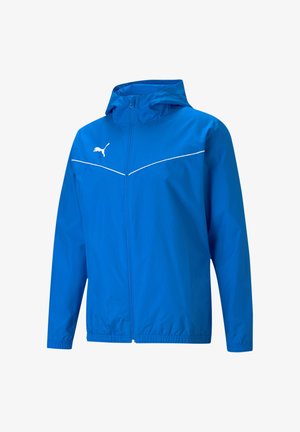 Lichte blauwe jas met een capuchon, voorzien van witte accenten en een rits aan de voorkant. Gemaakt van glad, weerbestendig materiaal.