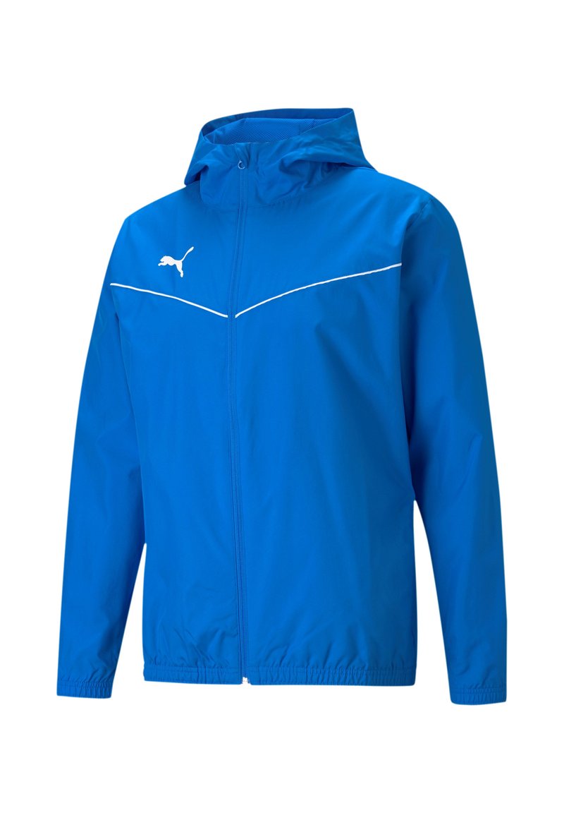 Leichte blaue Jacke mit Kapuze, die weiße Akzente und einen Reißverschluss aufweist. Hergestellt aus glattem, wetterfestem Material.