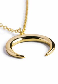 Colgante de media luna dorada en una delicada cadena. Superficie lisa y brillante con puntas afiladas, que exhibe un diseño elegante y minimalista.