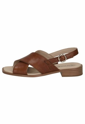 Sandale en cuir marron avec un design à brides croisées, bout ouvert et bride arrière réglable. Dispose d'un petit talon empilé et d'une semelle lisse.