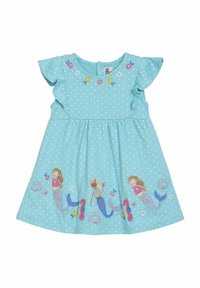 Světle modré šaty s bílými puntíky. Rukávy ve tvaru kapes, nařasený pas, na spodním lemu jsou výšivky s mořskou tématikou a mořskou pannou.