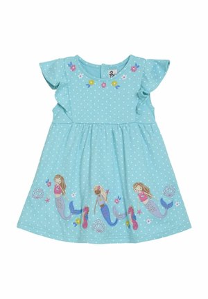 Robe bleu clair à pois blancs. Manches courtes, taille froncée, doté de motifs brodés sur le thème des sirènes et de la mer au bas.