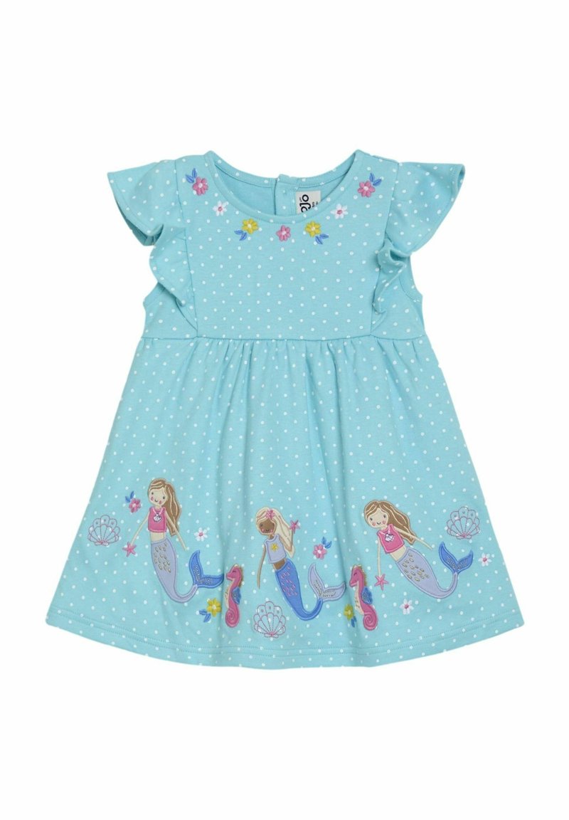 Světle modré šaty s bílými puntíky. Rukávy ve tvaru kapes, nařasený pas, na spodním lemu jsou výšivky s mořskou tématikou a mořskou pannou.
