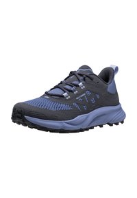 Zapatillas de trail running para hombre con una parte superior de malla transpirable en gris oscuro y violeta, suela de goma con tacos profundos y puntera reforzada.