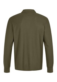 Olivgrön långärmad skjorta i slät tyg, med krage och ribbade ärmslut, med en ren och enkel baksidesdesign.