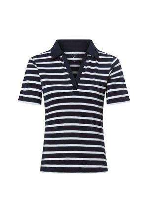 Granatowo-biały polo z krótkim rękawem w poziome paski, z głębokim dekoltem w serek i jednolitym granatowym kołnierzem.