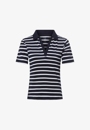 Granatowo-biały polo z krótkim rękawem w poziome paski, z głębokim dekoltem w serek i jednolitym granatowym kołnierzem.