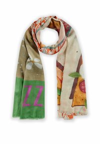 Écharpe multicolore présentant des motifs floraux et abstraits, fabriquée en tissu léger avec des bords effilochés. Les couleurs dominantes incluent le vert, le rose et le beige.