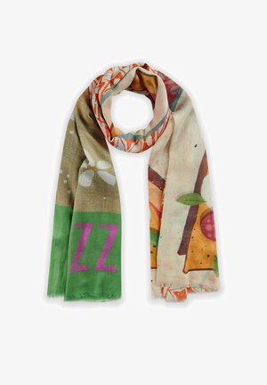 Écharpe multicolore présentant des motifs floraux et abstraits, fabriquée en tissu léger avec des bords effilochés. Les couleurs dominantes incluent le vert, le rose et le beige.