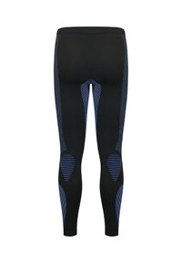 Black leggings with blue accents, featuring textured patterns and striped details on the side and knee areas. Material appears stretchy.