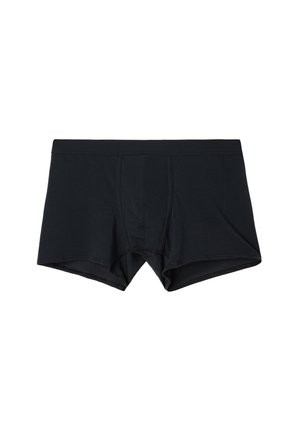 Schwarze Baumwoll-Boxershorts mit eng sitzendem Schnitt, Fronttasche und genähten Nähten. Glatte Textur mit einem elastischen Bund für Komfort.